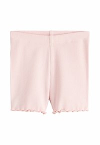 Różowe prążkowane szorty z falbankowym wykończeniem na dole. Wykonane z miękkiego materiału, z elastycznym pasem i dopasowanym krojem.