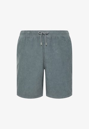Graue Cordshorts mit elastischem Bund und Kordelzug, knielang, ohne sichtbare Logos oder Muster, vorne gezeigt.