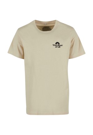 Beige bomulds T-shirt med korte ærmer, rund hals og et sort grafisk print med teksten "The Root of all" på venstre bryst.