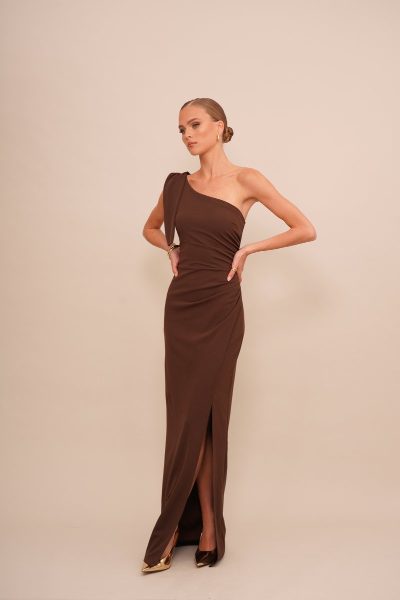princess polly baby blue dress Brown strapless satin maxi-length dress main image 0