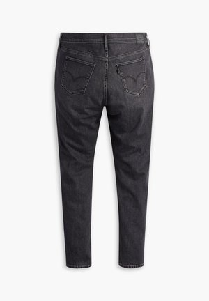 Dunkelgraue Denim-Jeans mit Slim-Fit, ausgestattet mit zwei Gesäßtaschen und typischer Naht. Die Textur ist glatt mit einem klassischen Denim-Finish.