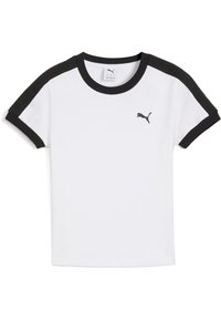 Biała koszulka z czarnymi akcentami na rękawach i dekolcie. Posiada małe czarne logo Puma na piersi. Wykonana z miękkiego materiału.