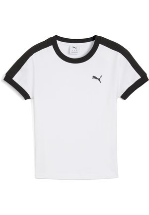 Camiseta blanca con detalles negros en las mangas y el escote. Presenta un pequeño logo negro de Puma en el pecho. Confeccionada con tejido suave.