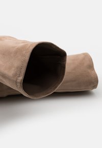 Beige Wildlederstiefel mit einer glatten, strukturierten Oberfläche, die eine abgerundete Öffnung und verstärkte Nähte entlang der Kante aufweist.