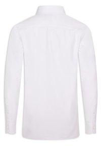 Camicia bianca a maniche lunghe con colletto classico, polsini con bottoni e una texture di cotone liscia. Presenta una schiena semplice senza decorazioni.