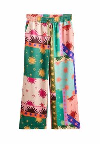 Bunte Hosen mit weitem Bein, die eine Mischung aus Mustern mit Sonnen- und Sternmotiven zeigen, mit elastischem Bund und weicher Stofftextur.