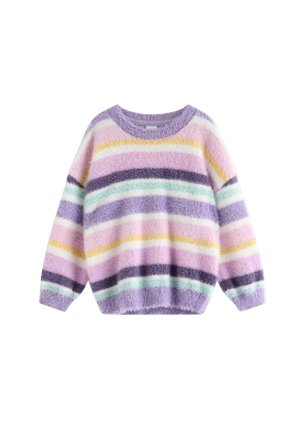 Fluffy trui met horizontale strepen in pastelpaars, roze, wit, geel, muntgroen en donkerpaars, met een ronde hals en lange mouwen.
