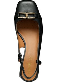 Scarpa in pelle nera con punta quadrata, dettagli in metallo dorato, cinturini regolabili e soletta color beige con piccole perforazioni.