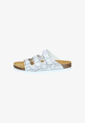 White sandal with three adjustable buckles, floral pattern straps, cork footbed, and white sole, shown from the side on a white background.