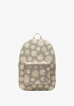 Grau farbener Stoffrucksack mit einem Blumenmuster aus weißen Gänseblümchen mit gelben Mitte, einer vorderen Reißverschlusstasche und einer Schlaufe oben zum Tragen.