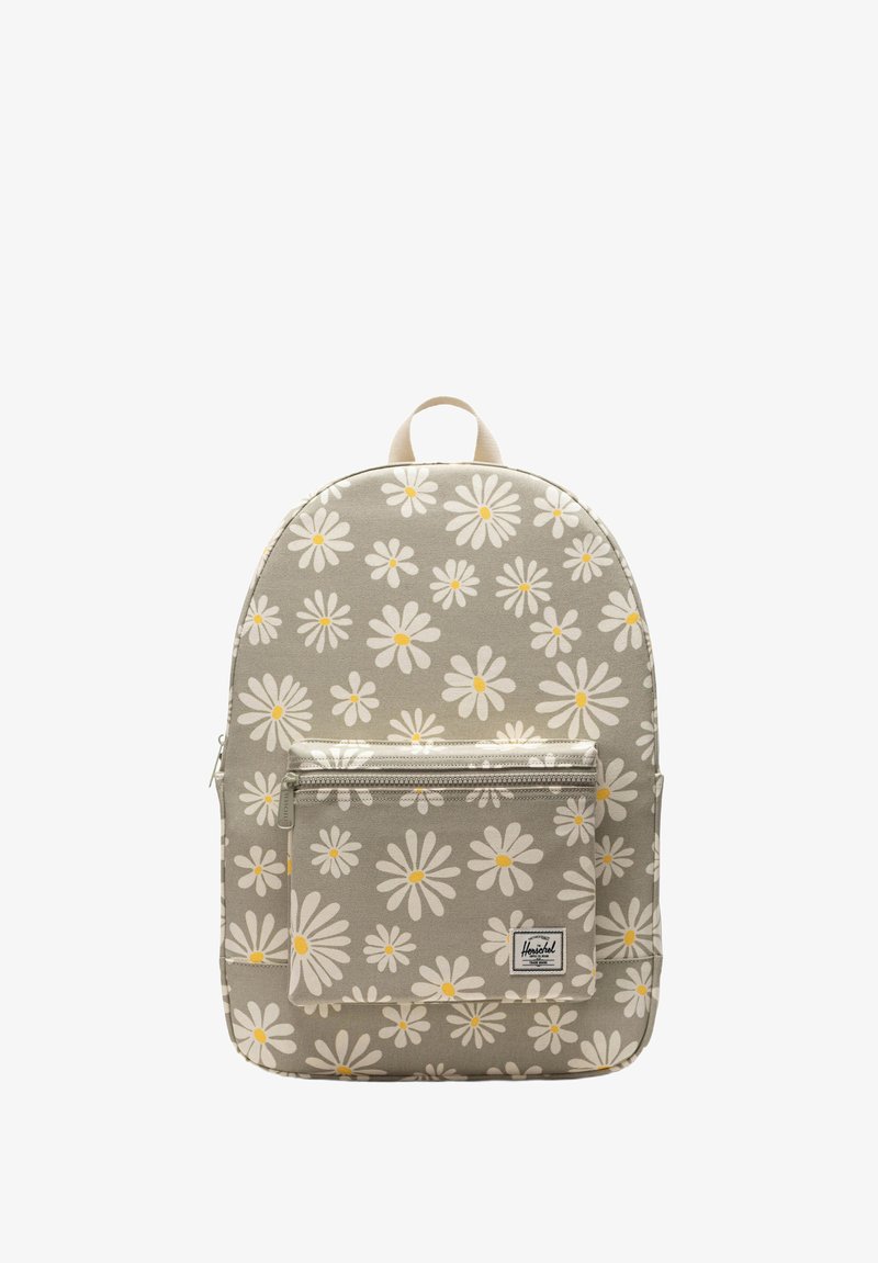 Gray fabric backpack featuring a floral pattern of white daisies with yellow centers, a front zip pocket, and a top loop for holding.