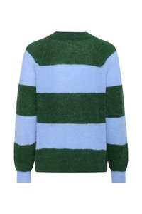 Pull rayé vert et bleu clair avec un tricot texturé et doux. Présente un col rond et des manches longues. Vue de dos affichée.