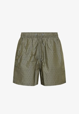 Costume da bagno verde oliva con un sottile motivo a strisce verticali, vita elastica e coulisse frontale.