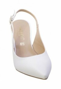 Scarpa con tacco alto bianca a punta, con texture in pelle liscia e dettaglio del logo dorato sulla soletta.