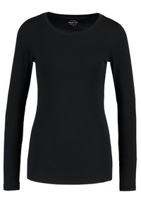 Schwarzes Langarm-T-Shirt aus elastischem Material, mit rundem Ausschnitt und figurbetonter Passform ohne Muster oder Akzente.