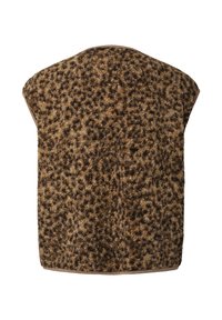 Brown and black leopard print fuzzy sleeveless vest with a rounded shoulder design and straight hem.