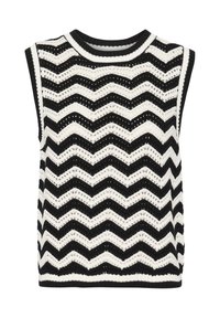 Top en tricot sans manches avec un motif en zigzag noir et blanc. Présente un col rond et un design en dentelle texturée.