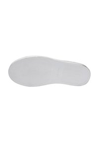 White rubber shoe sole with a textured surface, featuring a smooth rounded edge and a rectangular pattern near the heel.