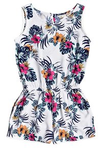 Bílé bezrukávové overal s elastickým pasem, zdobené tropickým vzorem v růžových a oranžových květinách a tmavě zelenými palmami.