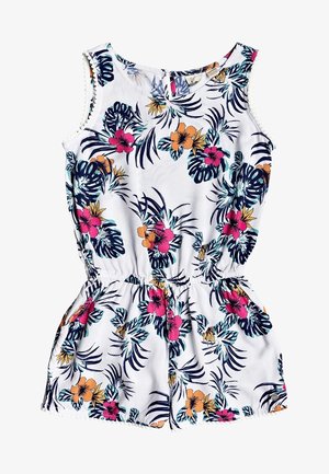 Combinaison sans manches blanche avec taille élastique, décorée d'un motif de fleurs tropicales roses et orange, et de feuilles de palmier vert foncé.