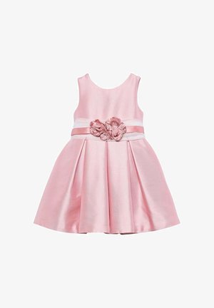 Vestitino da neonato senza maniche in raso rosa con gonna plissettata e dettaglio di nastro floreale in vita.