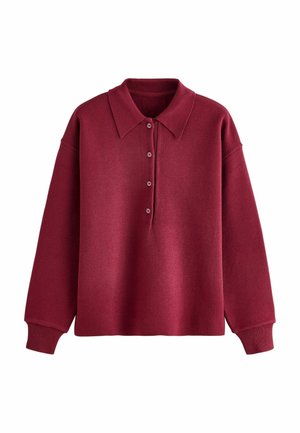 Pikkade varrukatega burgundi värvi pullover, lai krae, neli nööpi nööbiti, ja ribistatud mansetid valgel taustal.