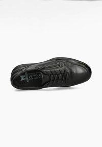 Schwarzer Lederschuh mit runder Spitze, Schnürsenkeln und einem seitlichen Reißverschluss. Verfügt über Perforationen entlang des Obermaterials für Atmungsaktivität, glatte Textur.
