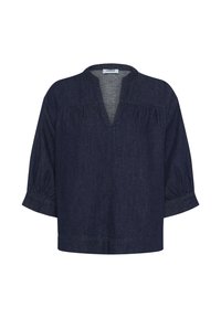 Tumši zili džinsu blūze ar trīs ceturtdaļu puff piedurknēm un V formas kakla izgriezumu, kas ir ar smalkām krokām plecos un piedurknēs.