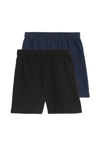 Due coppie di pantaloncini di cotone con vita elastica. Una coppia è blu navy e l'altra è nera. Entrambe hanno un design semplice e classico.