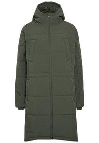 Lång vadderad olivgrön vinterjacka med huva och framdragkedja, med två vertikala bröstfickor och två sidofickor.
