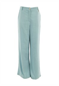 Pantaloni a gamba larga azzurri chiari in lino, con chiusura frontale a bottone e tasche. Texture liscia con una vestibilità comoda.