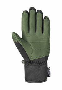 Green leather glove with black accents, five fingers, quilted texture, waterproof cuff, elastic wrist, and adjustable strap for secure fit.