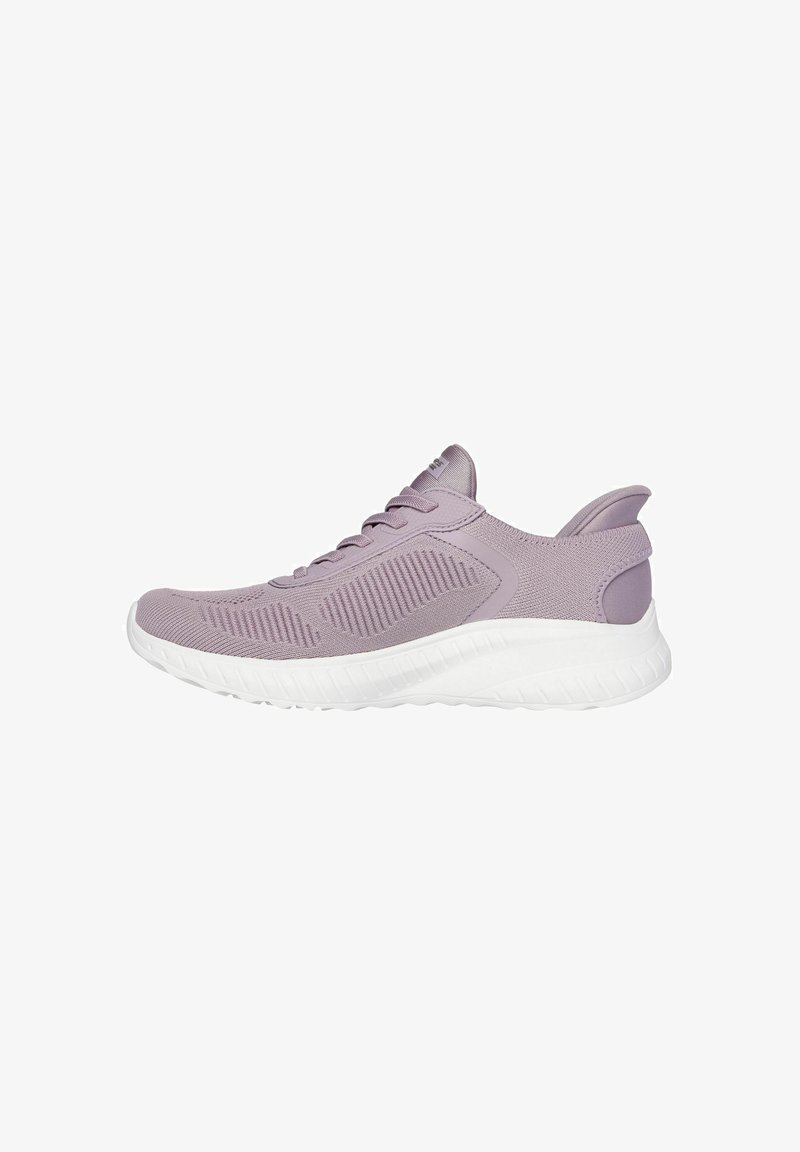 Light purple athletic shoe with a breathable mesh upper, textured sides, lacing system, and a contrasting white sole. Rounded heel design.