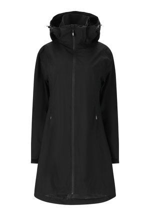 Sort vandtæt jakke med høj krave, lynlåslukning og to sidelommer; glat tekstur med en let løs pasform.
