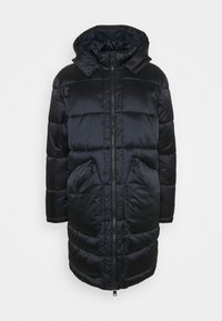 Chaqueta negra acolchada con capucha, con cremallera frontal, dos grandes bolsillos laterales y secciones acolchadas para aislamiento. Textura lisa y brillante.