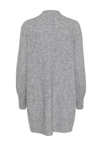 Grauer Strickcardigan mit lockerer Passform, der ein strukturiertes Muster, lange Ärmel und einen einfachen Ausschnitt aufweist. Aus weichem Wollgemisch gefertigt.