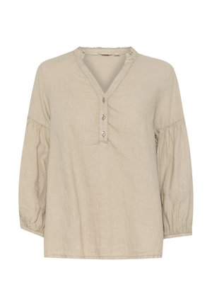 Beige linnen blouse met een V-hals, knoopsluiting aan de voorkant en poflange mouwen. Heeft een gerimpelde halslijn en verzamelde manchetten voor textuur.