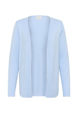 Svijetloplavi kardigan od mekog pletiva. Ima otvoreni prednji dio, duge rukave te rebraste manžete i rub. Jednostavan i svestran stil.