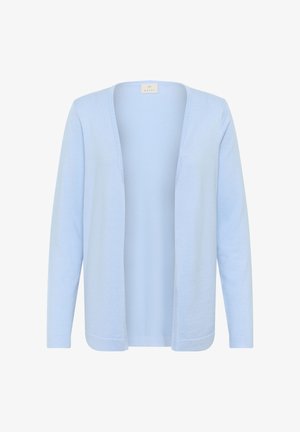 Hele sinine kardigan, valmistatud pehmest kudumist. Omaduseks on avatud esikülg, pikad varrukad ning soonilised mansetid ja ääred. Lihtne ja mitmekülgne stiil.