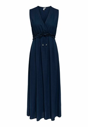 Sleeveless navy blue maxi dress with V-neck and adjustable drawstring waist, made from lightweight fabric.