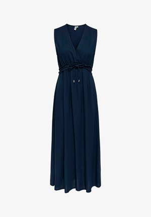 Vestido maxi azul marino sin mangas con escote en V y cintura ajustable con cordón, fabricado con tela ligera.
