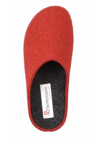 Red felt slip-on slipper with black interior and a white label reading "berkemann HAMBURG 1885" inside.