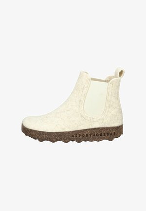 Witte vilten enkellaars met elastische zijpanelen, getextureerde bruine rubberen zool en een trekkoord aan de achterkant. Voorzien van een geperst merkteken op de zool.