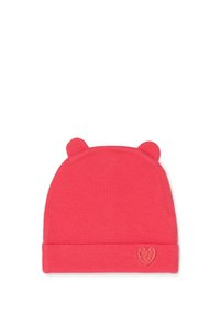 Gorro de punto rosa con dos pequeñas orejas en la parte superior, con un dobladillo doblado y un detalle de corazón bordado en la parte delantera. Tejido suave y elástico.