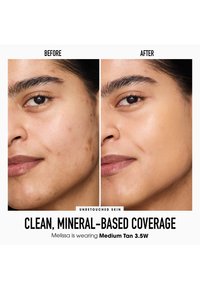 Voor-en-na vergelijking van de huid, die een verbetering in dekking toont. De linkerkant heeft zichtbare onzuiverheden; de rechterkant oogt gladder en egaler van kleur.