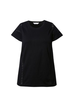 Schwarzes T-Shirt mit kurzen Ärmeln, aus Baumwolle, mit seitlichen Spitzen-Details, Rundhalsausschnitt und lässiger Passform. Hat dezente Ausschnitte an den Manschetten-Nähten.