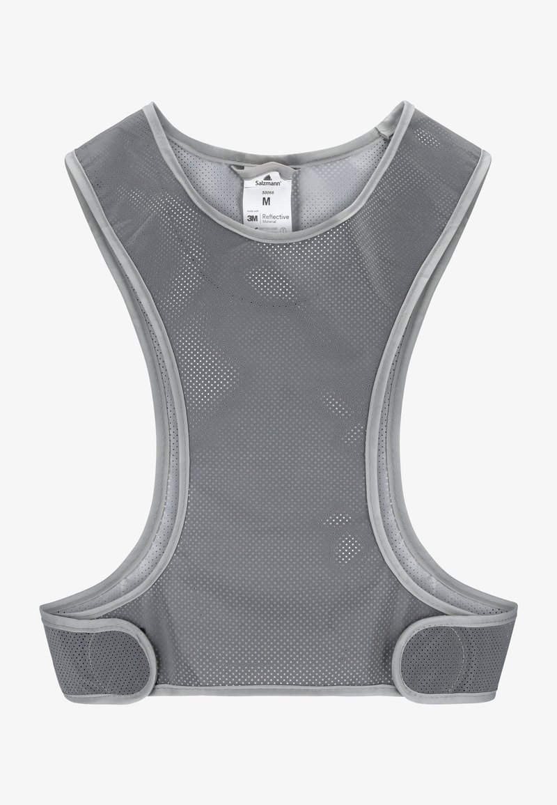 Gilet de sécurité réfléchissant gris avec un tissu perforé respirant, des sangles latérales ajustables et un col rond.