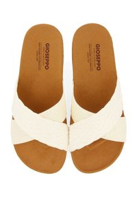 Sandales blanches à bandes croisées, avec une sangle tissée texturée, un semelle en liège et une finition brillante subtile sur le dessus. Design plat, léger.