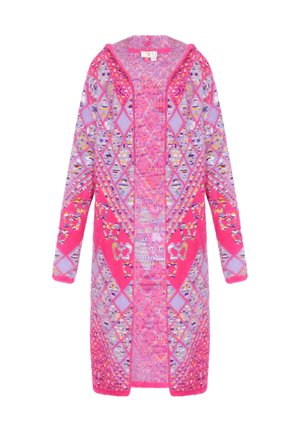 Cardigan lavorato a maglia in tonalità di rosa e lavanda, caratterizzato da motivi geometrici, apertura frontale, maniche lunghe e una texture morbida.