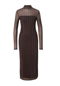Langärmliges, hochgeschlossenes Kleid aus transparentem braunem Stoff mit vertikalen schwarzen Streifen, figurbetonter Silhouette und knielangem Saum. Strukturierte Bluse.
